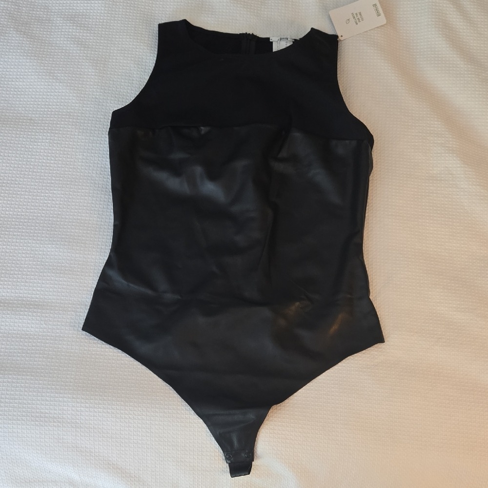 Wolford Black Faux Leather Mixed Media Sleeveless Bodysuit Size 10 NEW